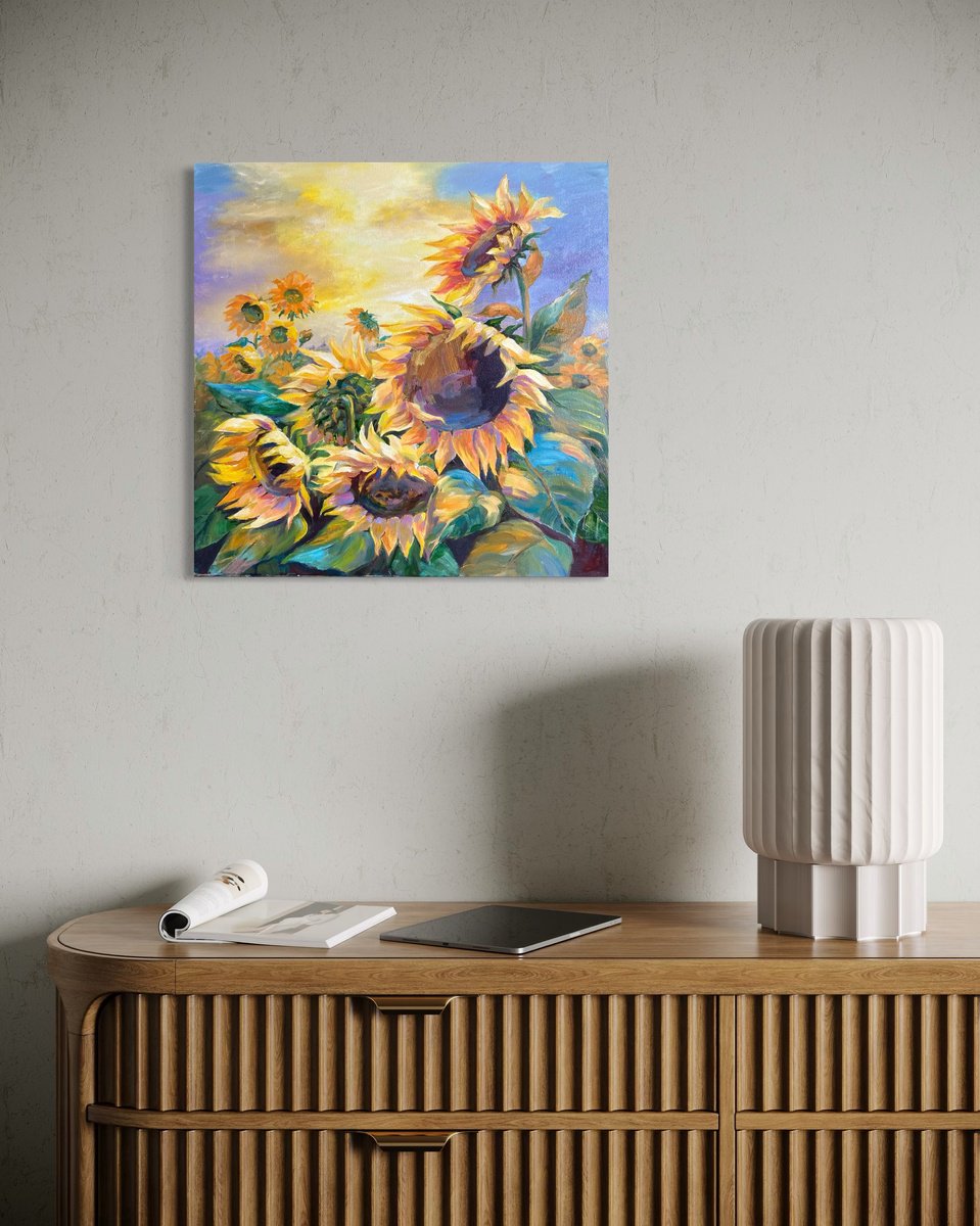 Impressionistic Botanical Oil Painting By Galyna Shevchencko, 20 X 20, Dance Of Sunflowers, Original Artwork
