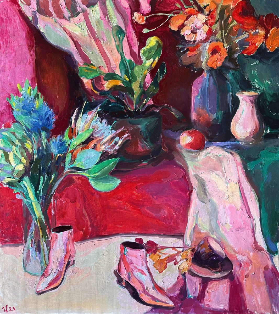 Impressionistic Still Life Oil Painting By Ilya Filatov, 28 X 31, Pink Light, Original Artwork