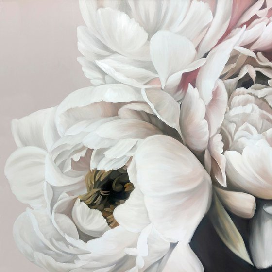 "Gray Silk Peonies" White gray flower oil art
