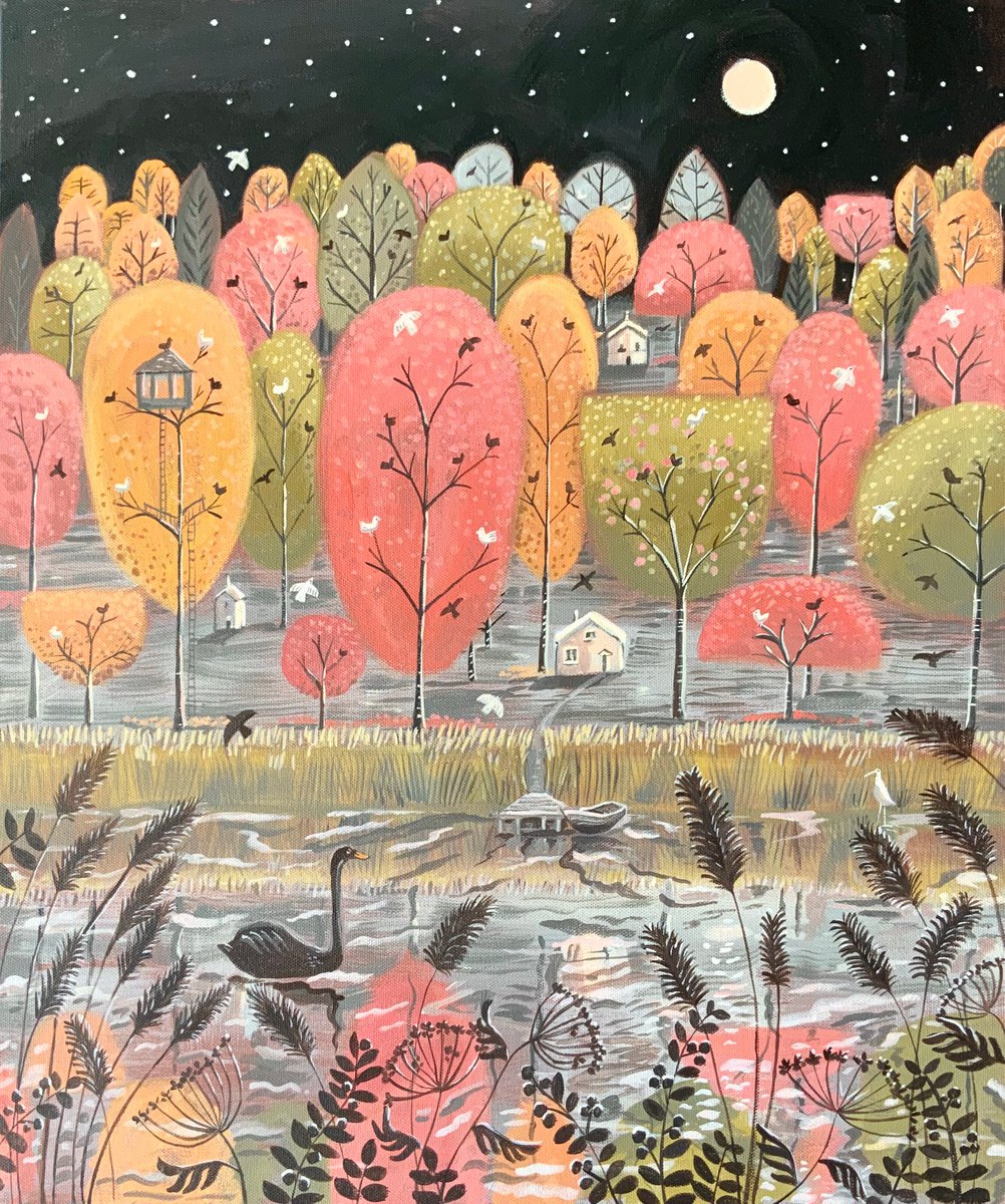 Naive Acrylic Painting , Autumn Lake By Mary Stubberfield, 20 X 24, Artwork For Sale On Artfinder
