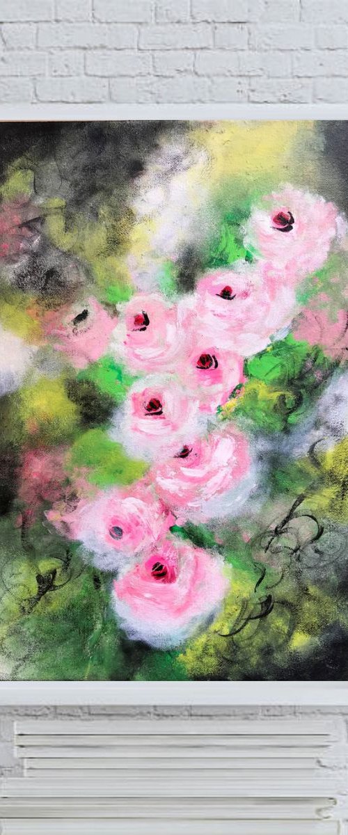 Vintage Pink Roses !! Ready to hang !! Abstract !! Floral Painting !! by Amita Dand