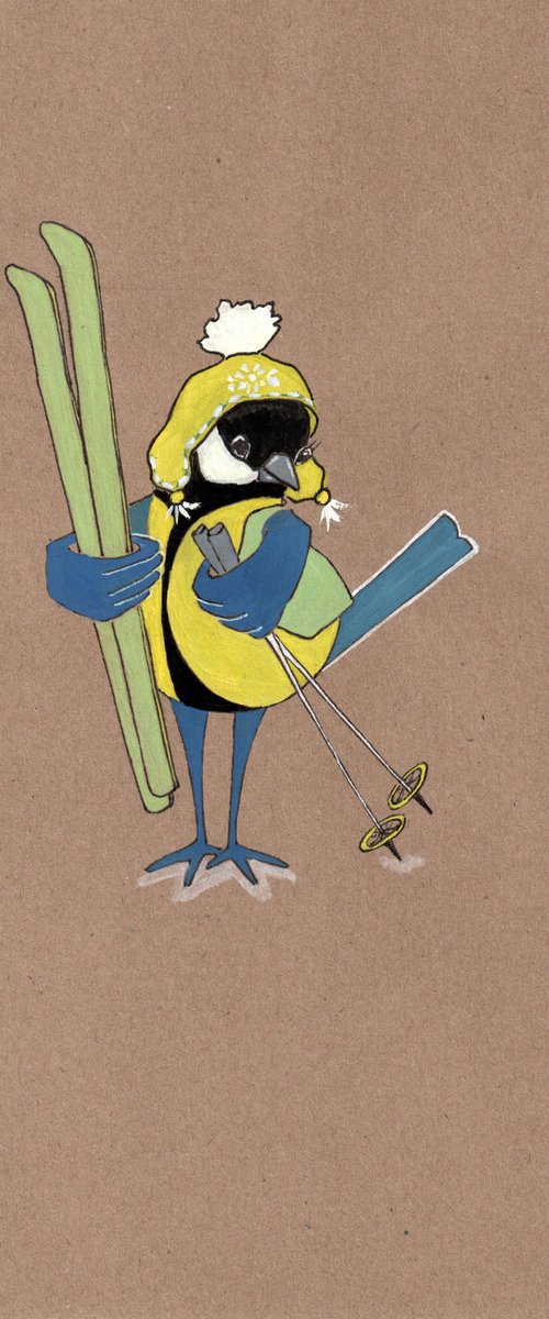 Bird portrait of a titmouse in a sports hat and with skis - Gift idea for bird lover by Olga Ivanova