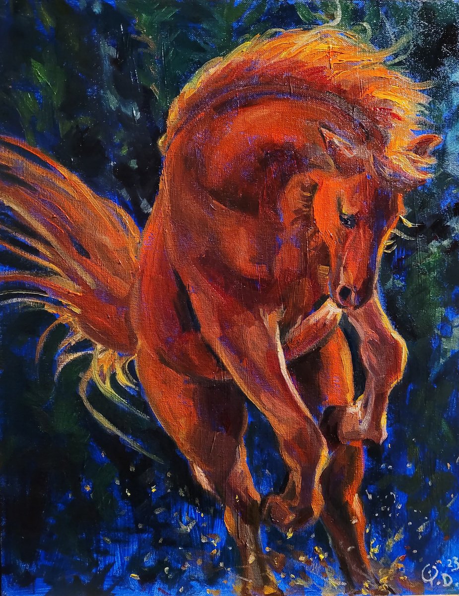 Expressive Animal Oil Painting By Qi Debrah, 14 X 18", Night Horse, Original Artwork