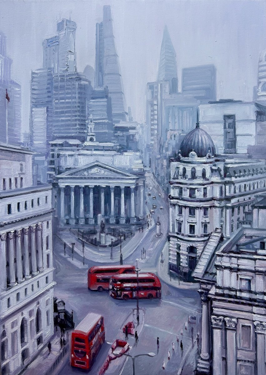 Impressionistic Cityscapes Oil Painting By Artem Grunyka, 20 X 28, Grey Sky, Red Routes, Original Artwork