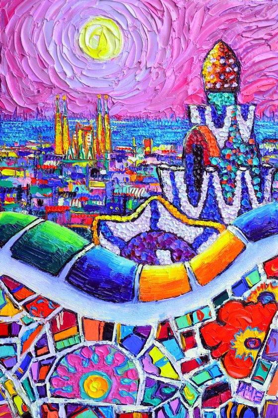 ABSTRACT CITYSCAPE - BARCELONA PARK GUELL COLORFUL NIGHT - textural impasto impressionist abstract stylized city view palette knife oil painting by Ana Maria Edulescu