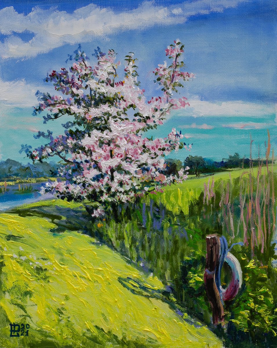 Photorealistic Landscape Oil Painting By Liudmila Pisliakova, 9 X 12", Blooming Tree, Original Artwork