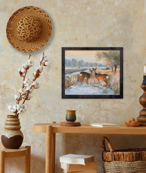 Snowy landscape with deer