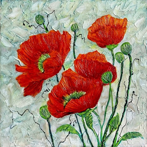 Red Poppy Blooms Contemporary Original Palette Knife Painting