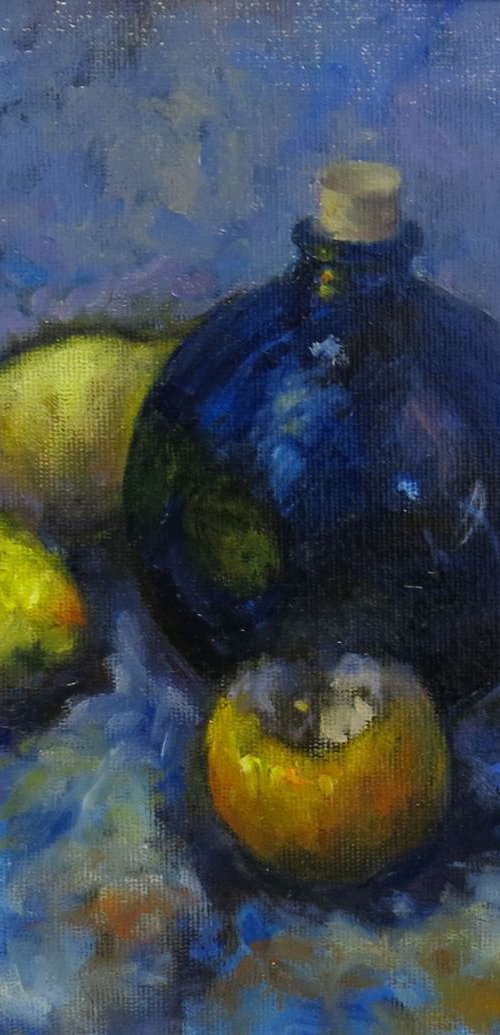 Blue bowl, pomegranite and lemons by Maureen Greenwood