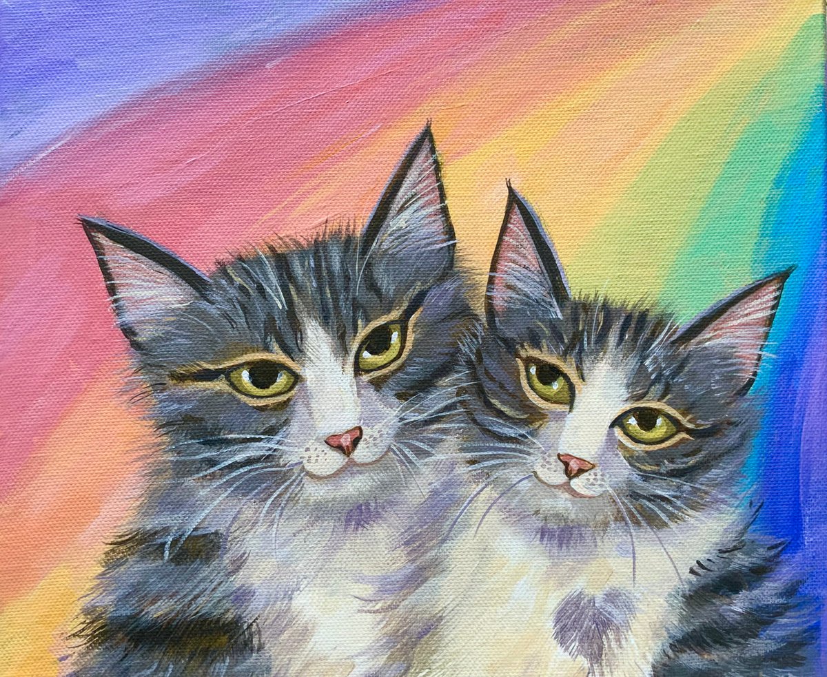 Photorealistic Animal Acrylic Painting By Mary Stubberfield, 12 X 10", Lovecats With Rainbow, Original Artwork