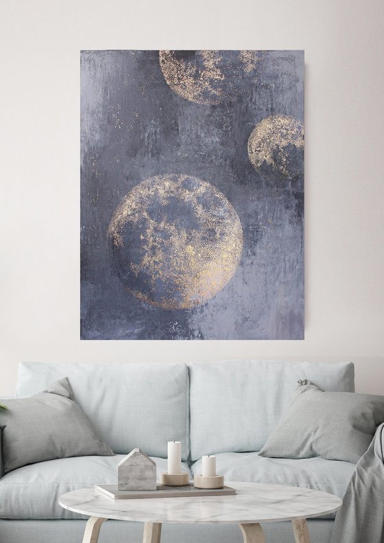 "Golden Planets" Abstract space acrylic art