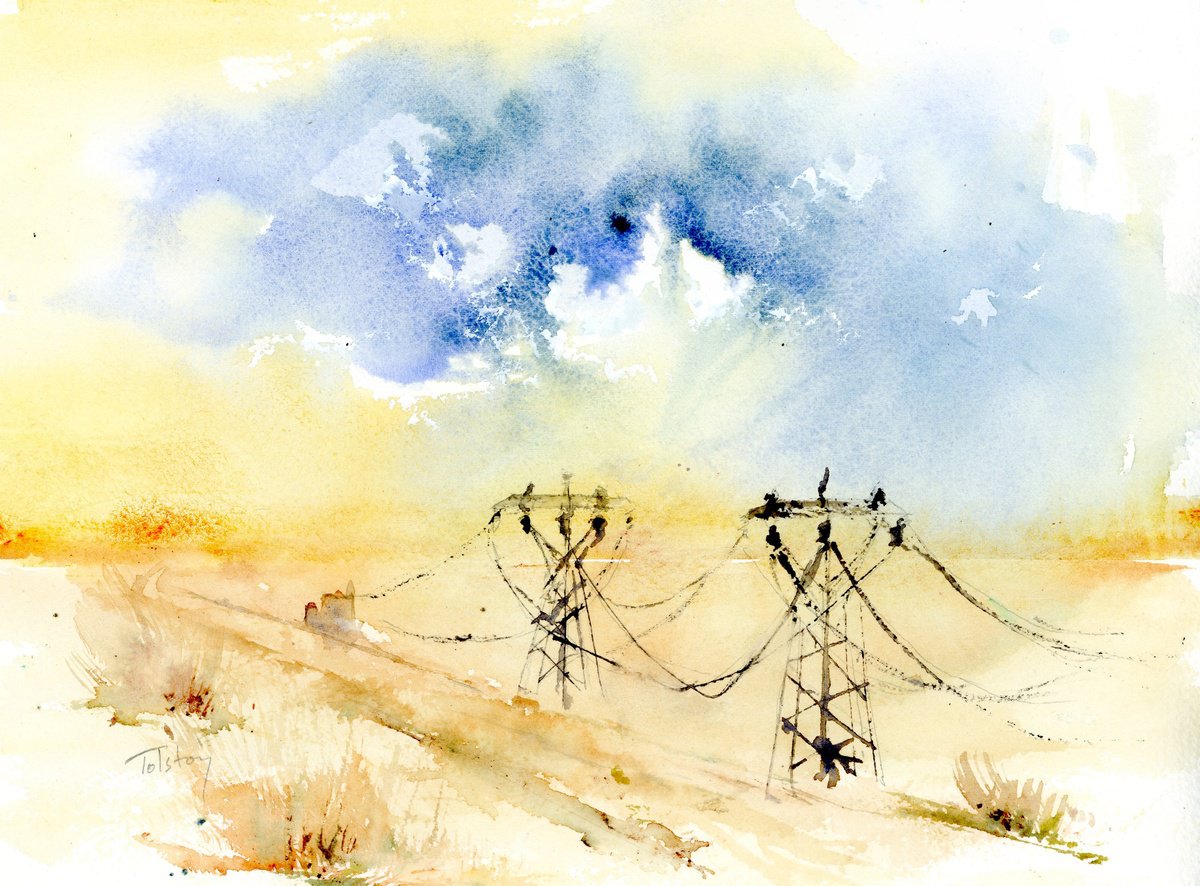 Impressionistic Landscape Watercolour By Alex Tolstoy, 14 X 10, Power Lines, Original Artwork
