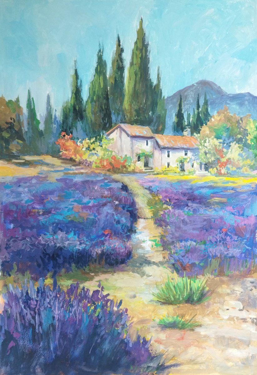 Impressionistic Landscape Painting By Ann Krasikova, 11 X 16, Lavender Field, Original Artwork