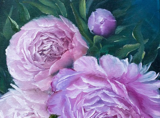 ''Pink Peonies'' oil painting with flowers.