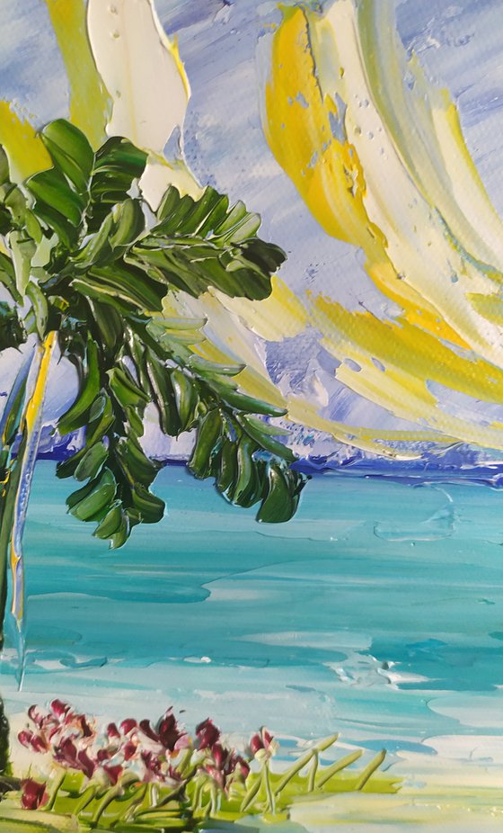 Sunny beach, small impasto oil painting, landscape, sea, sky, palms