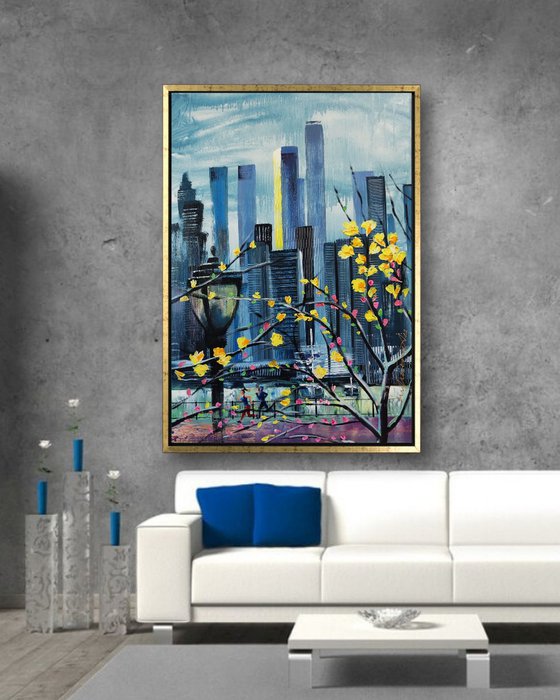 New York in Springtime Original Acrylic Painting, NYC Blooming, American City Blossoming, Blossoms Tree in New York Wall Art, Floral and Flowers in US City