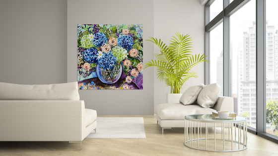 Blue Hydrangea and Roses