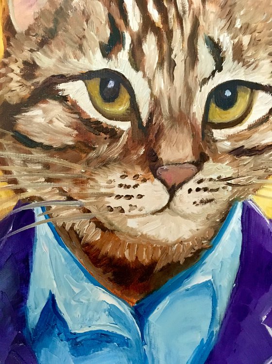 Troy The  Cat, dressed smart,   oil painting for cat lovers