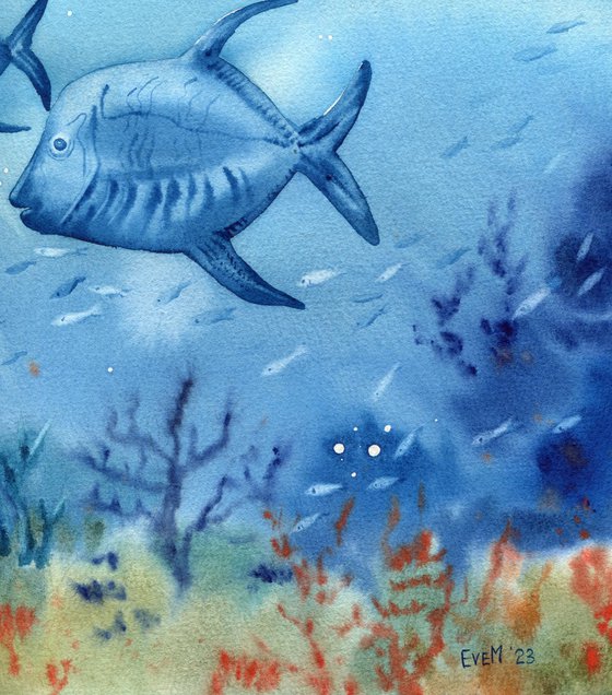 Marine fish underwater, coral reef life. Original artwork.