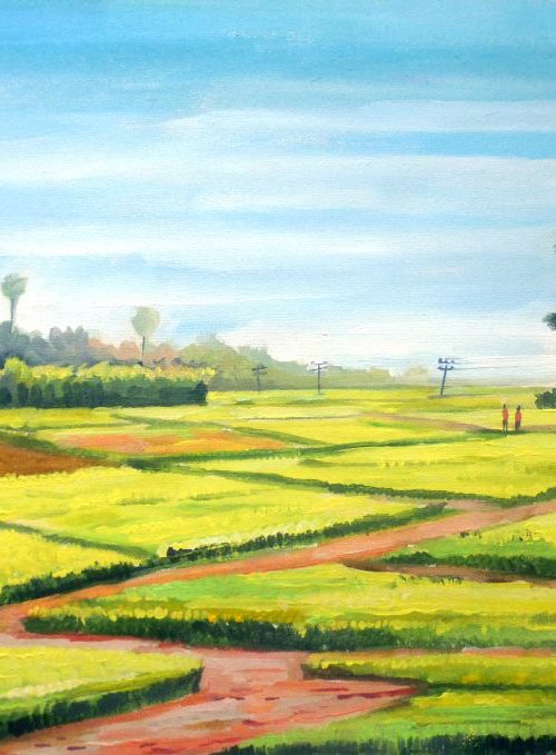 Rural Corn Field - Acrylic on Canvas Painting by Samiran Sarkar