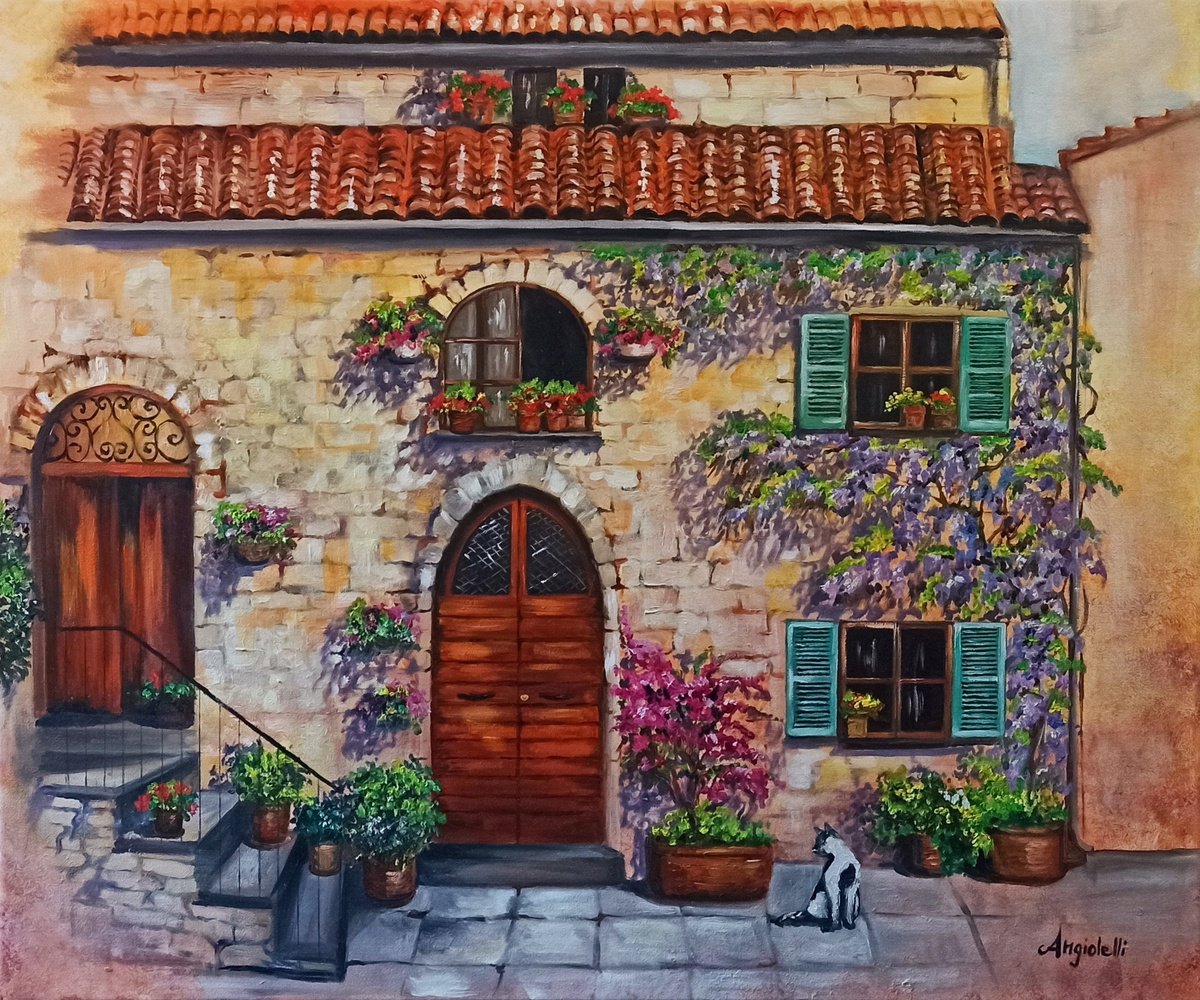 Photorealistic Cityscapes Oil Painting By Anna Rita Angiolelli, 24 X 20, House With Wisteria, Original Artwork