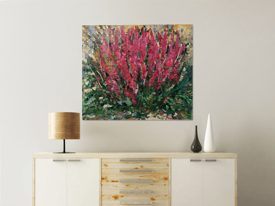 FLOWERBED - Floral art, landscape, original painting, oil on canvas, flowers in the garden, nature,  red summer flowerbed, bloom, interior art home decor, gift