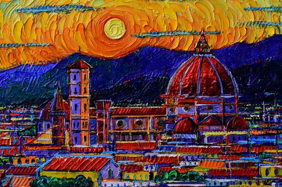 MIRACULOUS SUNSET IN FLORENCE ITALY textured impasto palette knife oil painting on 3D canvas abstract cityscape Ana Maria Edulescu
