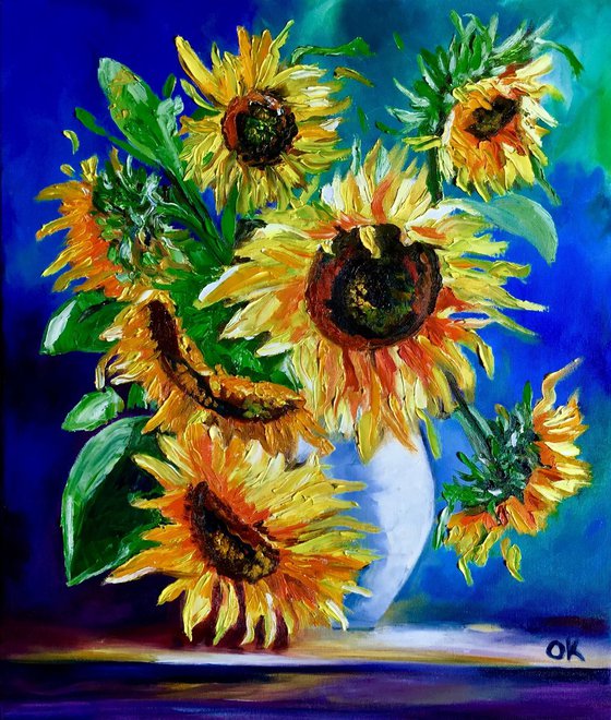 BOUQUET OF SUNFLOWERS inspired by VINCENT VAN GOGH . palette knife modern  oil still life painting on blue purple pink yellow Dutch style office home decor gift