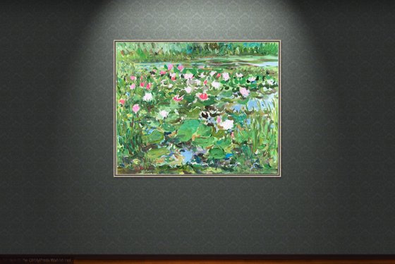 NOON ON THE LAKE, LOTUS - Water lilies, floral landscape,  waterscape, original oil painting, plein air