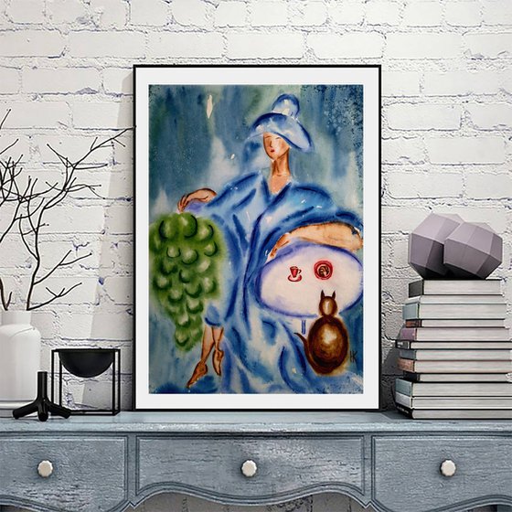 Woman Painting Faceless Original Art Cat Watercolor Grape Art Woman in Hat Artwork Coffee Time Home Wall Art 12 by 17" by Halyna Kirichenko