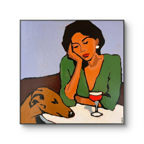 EVENING, CAFE, DOG, WINE. Original Painting
