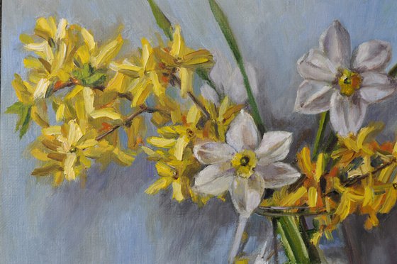 Forsythia and Daffodils original oil painting