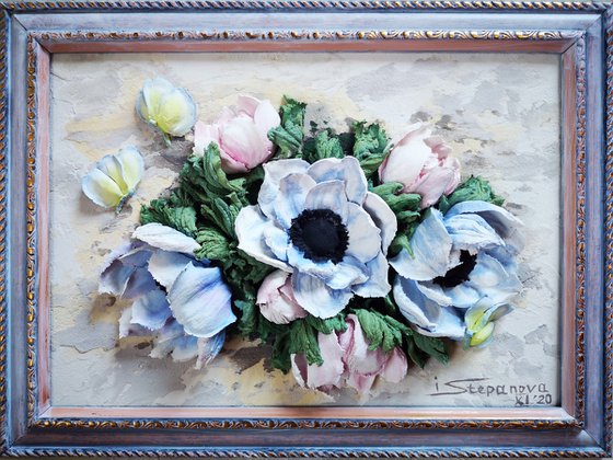 Lightness-anemone flowers surrounded by butterflies in relief painting, original textured wall relief, decor, bas-relief, home decor, Christmass gift idea, purple, pink, white, green 29.5x21x5 cm