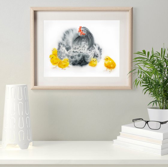 Hen and Chicks - chicken art chicken watercolor - hen and chicks - Mother's Day gift