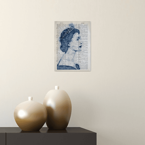 Queen Elizabeth II - Collage Art on Large Real English Dictionary Vintage Book Page