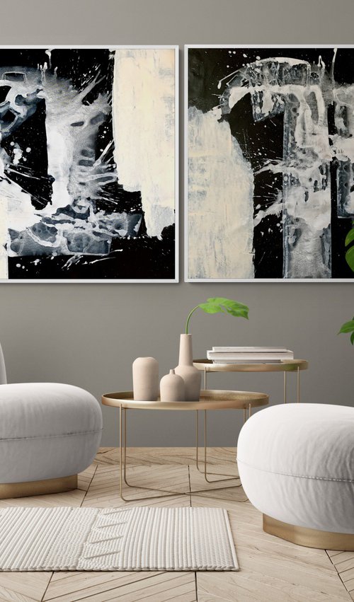 Abstraction No. 0224 XXL black & white minimalism - set of 2 by Anita Kaufmann