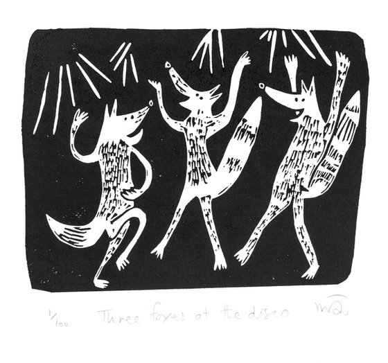 Three foxes at the disco - lino print