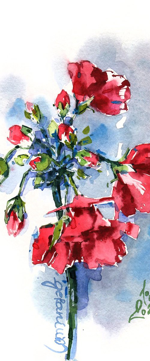 "Bright red geranium" flowering sprig original watercolor painting small format by Ksenia Selianko