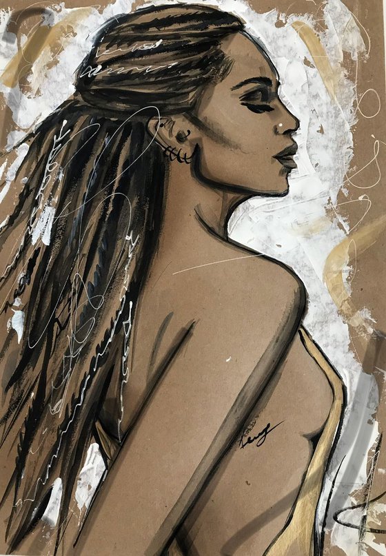 Original acrylic/ink painting african beauty Zoe