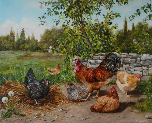 Chickens in the Backyard, Realistic Animals, Farm Life, Nostalgic by Natalia Shaykina