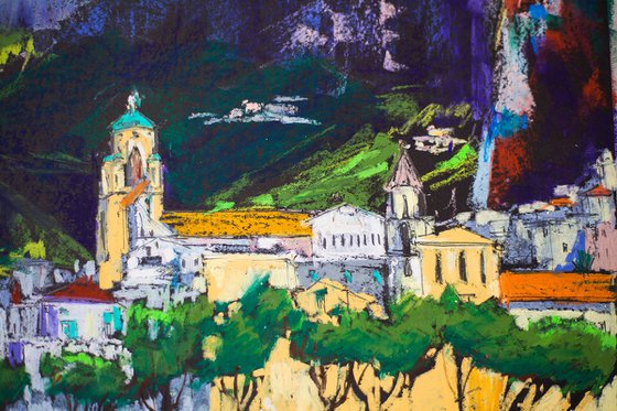 Amalfi. View from the sea. Cities of my dreams series. Medium oil pastel drawing bright colors italy