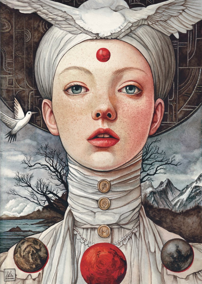 Surrealistic Portrait Watercolour By Lisa Lennon, 9 X 13", The Splitting Of Worlds, Original Artwork