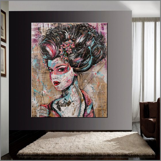 Eurasia 120cm x 150cm Geisha Book Page Abstract Realism Art