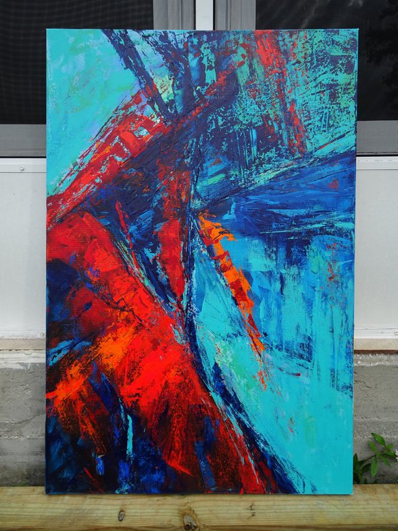 Large Abstract Blue Turquoise Red Landscape Painting. Modern Textured Art. Abstract. 61x91cm.