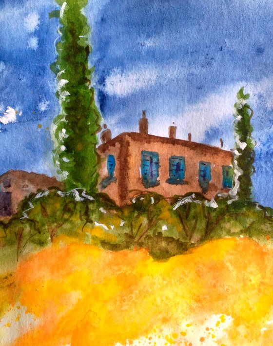 Tuscany Painting Landscape Original Art Farm House Watercolor Poplar Tree Artwork Yellow Field Small Wall Art 8 by 12" by Halyna Kirichenko