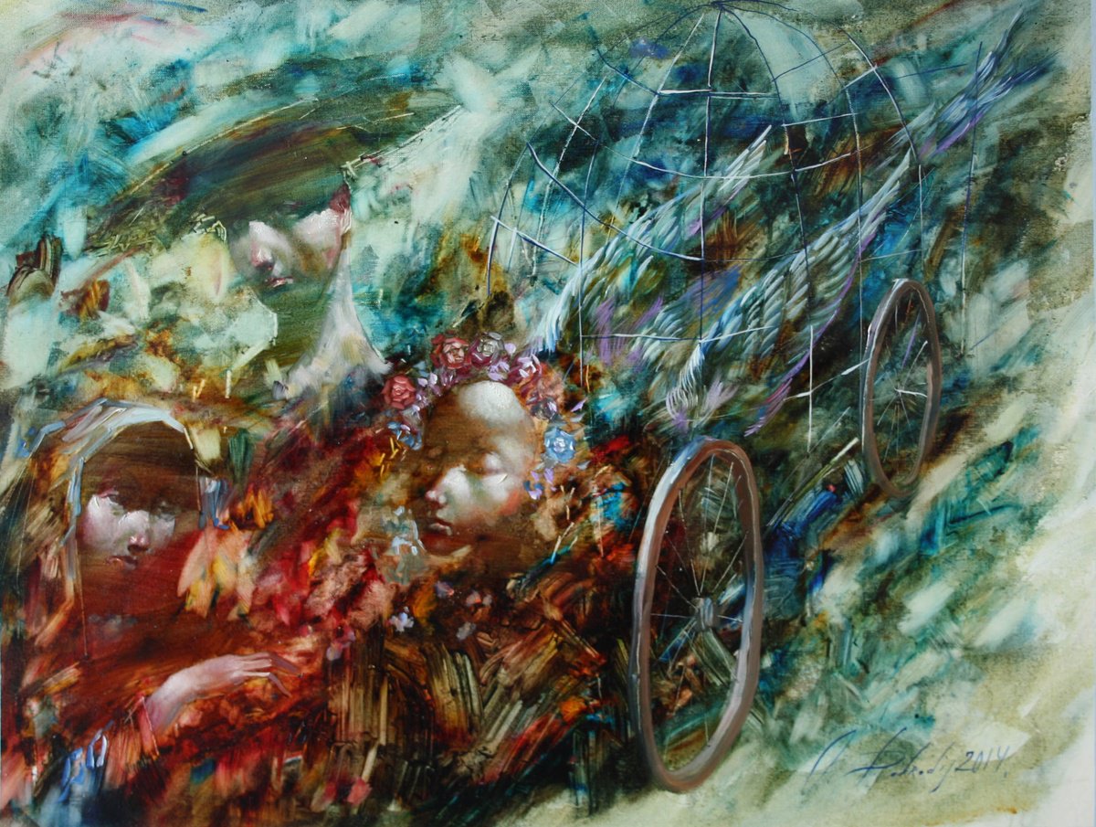 Impressionistic Portrait Oil Painting By Alexandr Dobrodiy, 24 X 18, Walking With A Bird, Original Artwork