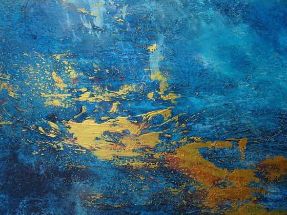 Large Abstract Painting. Blue, Turquoise, Gold Contemporary Abstract Seascape Painting # 810-29. Modern Textured Art