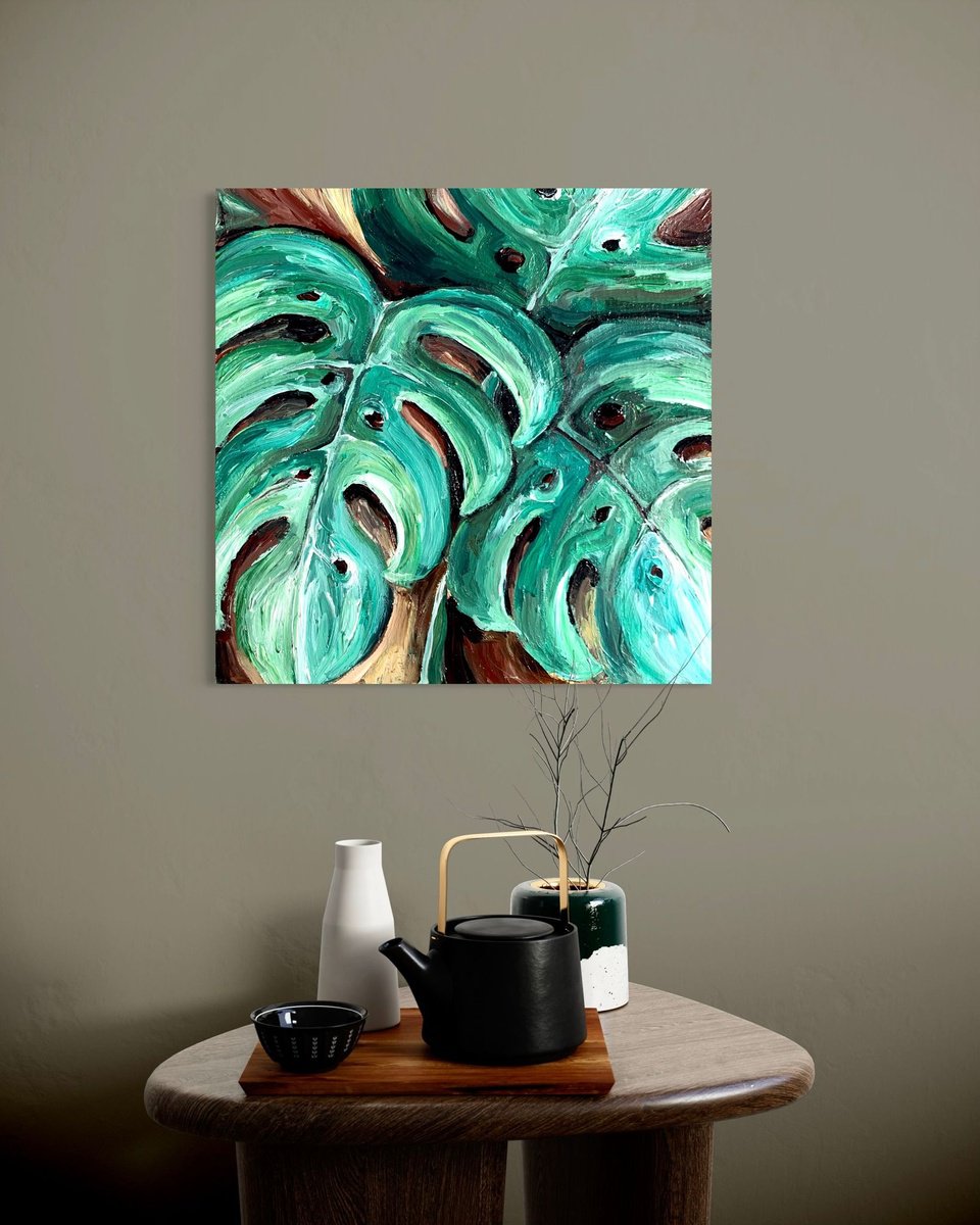 Impressionistic Botanical Acrylic Painting By Maria Tuzhilkina, 16 X 16", The Eyes Of The Jungle, Original Artwork