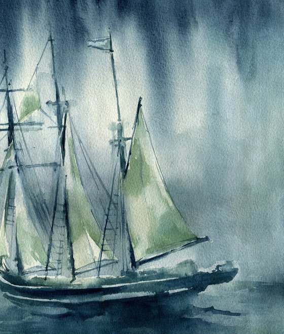 "The storm will die down" - Sea romantic watercolor landscape with a sailboat against the backdrop of a dramatic sky