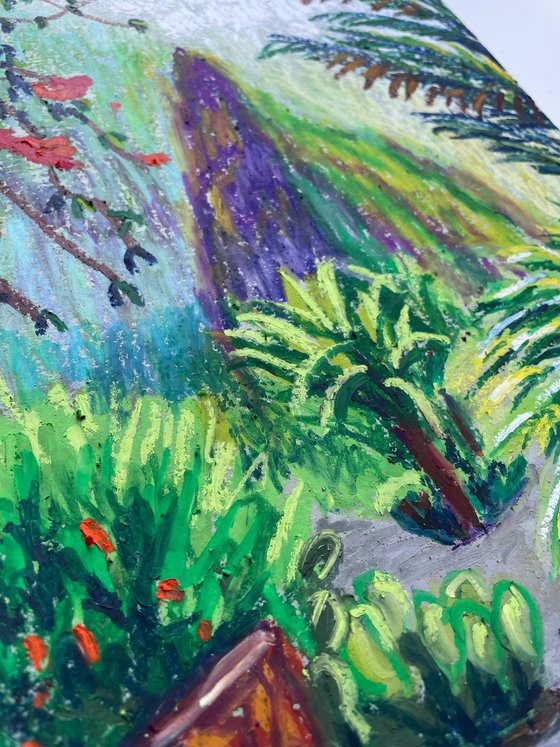 Landscape Original Painting, Green Mountain Oil Pastel Drawing, Spain Nature Artwork, Canary Islands Wall Art